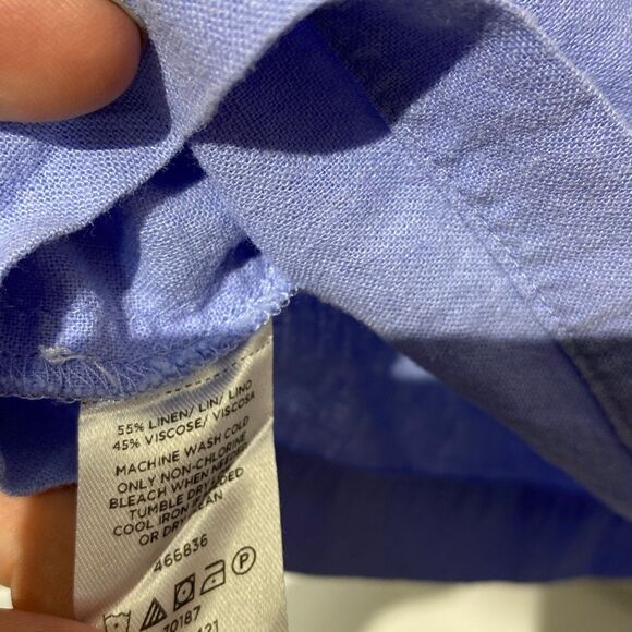 Loft Women's Blue V-Back Linen Blend Balloon Sleeve Pullover Blouse Size LP - Picture 8 of 9